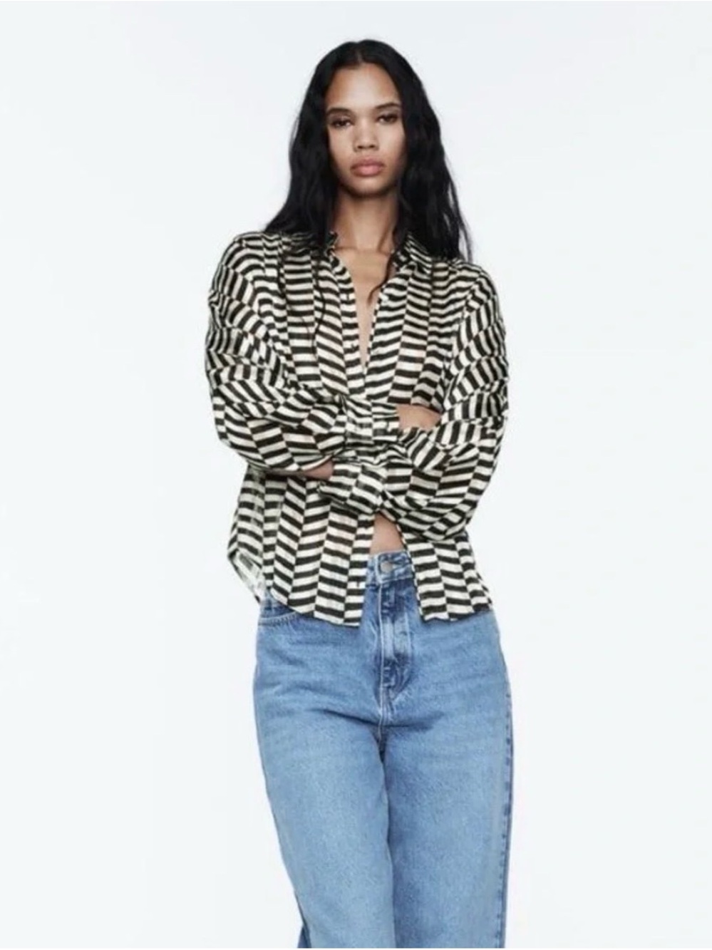 Zara Black and Cream Striped Button-Down Shirt